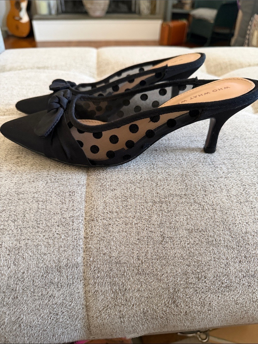 Who What Wear Black Polka Dot Mesh Bow Kitten Heel Mules Size 6.5 Pointed Toe